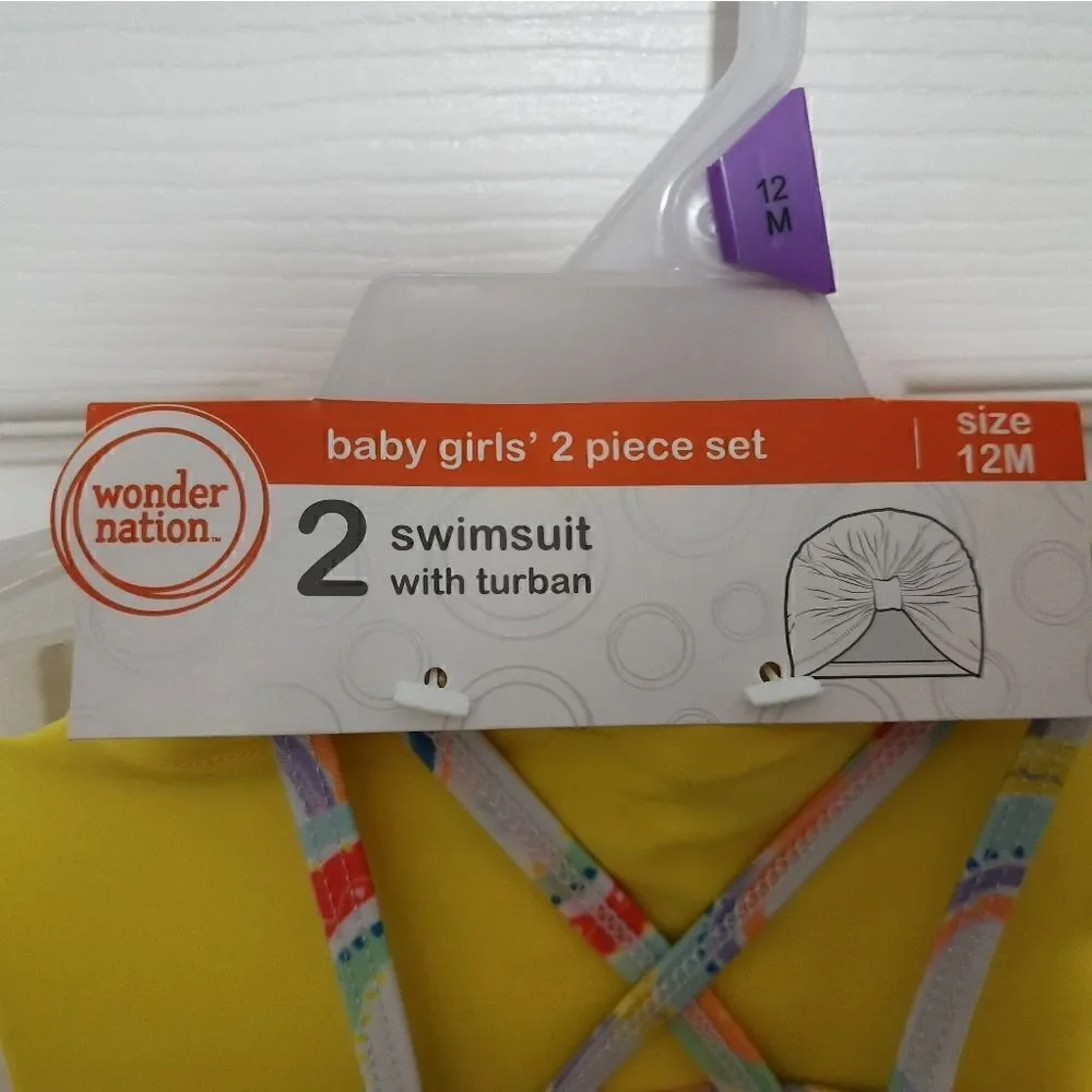 NWT Wonder Nation Baby Girl Rainbow Swimsuit and Swim Turban, 2-Piece